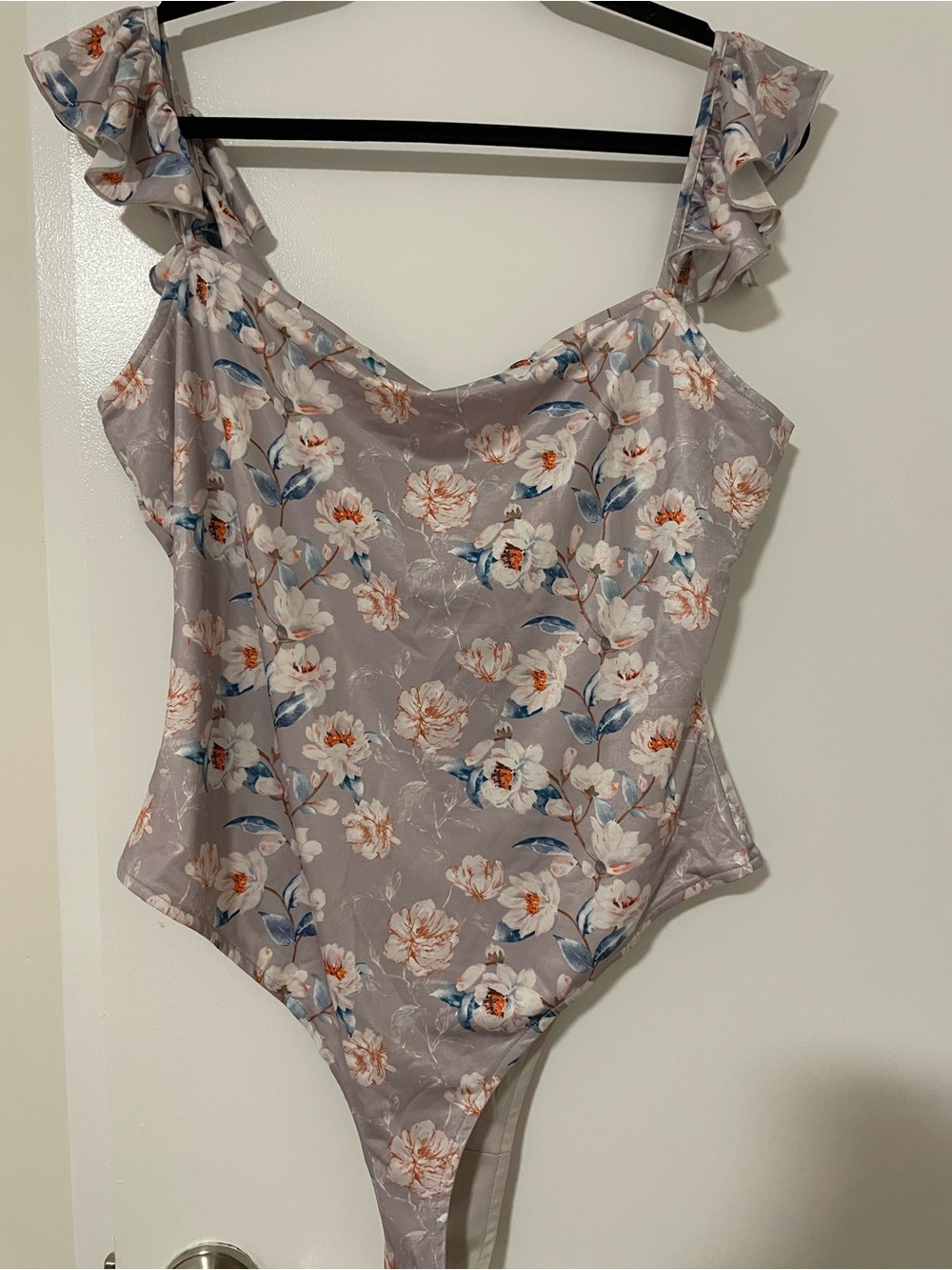 Floral Ruffle-Strap Bodysuit in Light Gray Floral